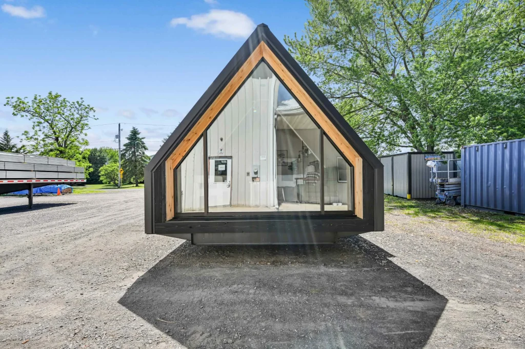 Luna A-Frame cabin front entrance with cedar accents