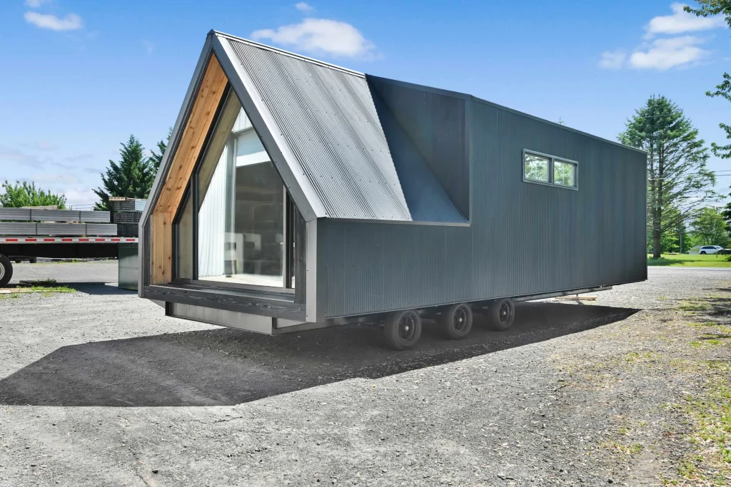 A-Frame cabin angled front view with corrugated steel