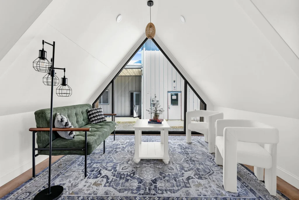 Luna A-Frame open concept living room with cathedral ceiling