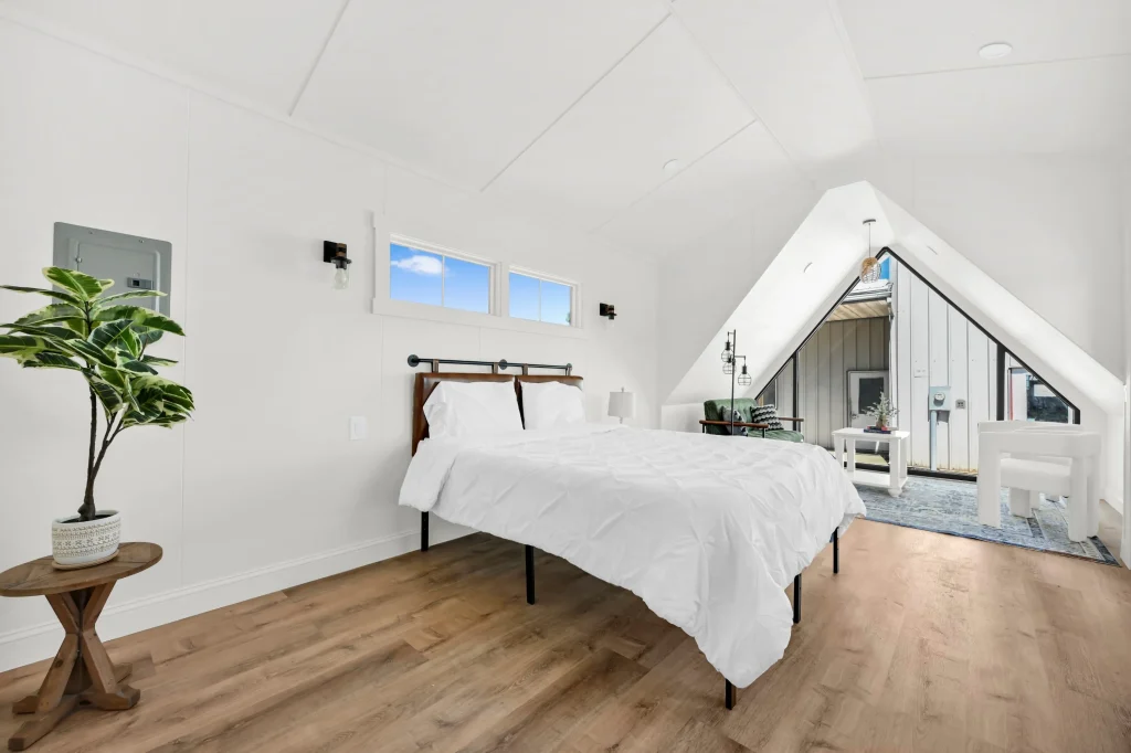 Luna A-Frame cabin bedroom with luxury finishes