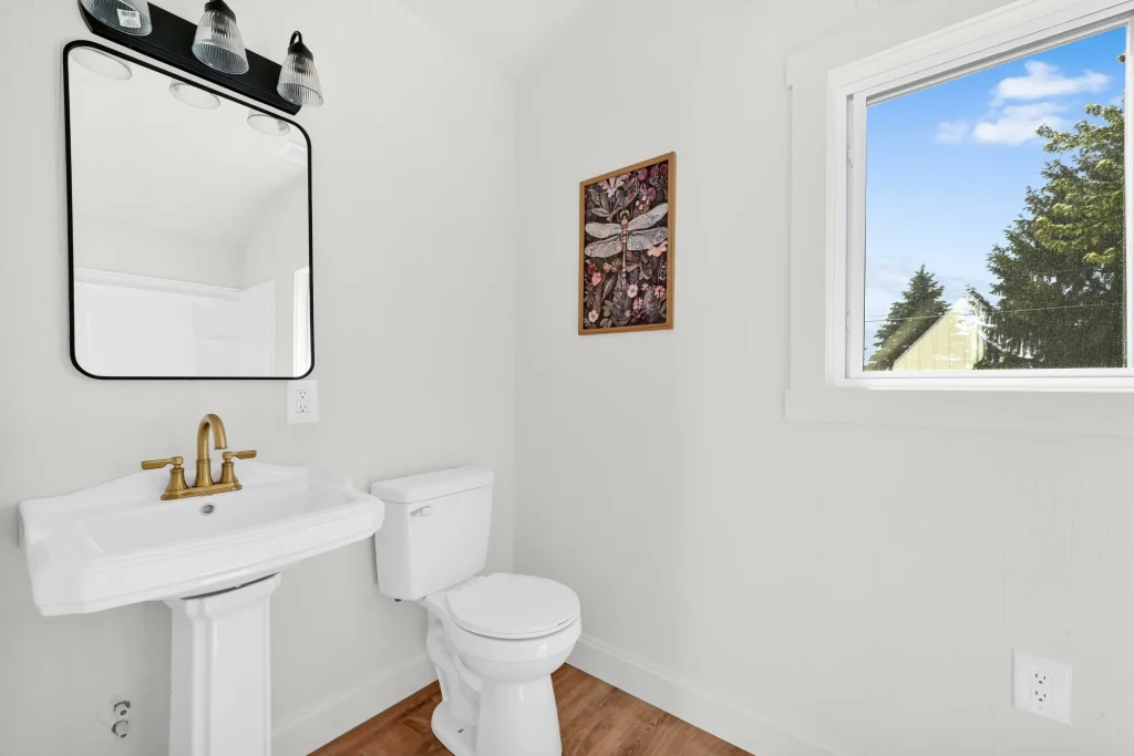 Luna A-Frame bathroom with shower and vanity