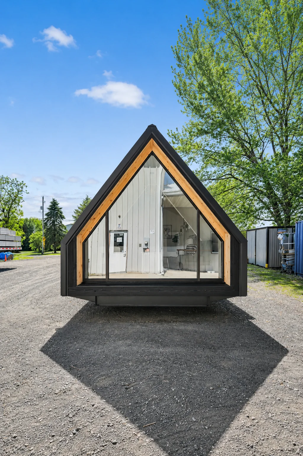 Luna A-Frame cabin front entrance with cedar accents