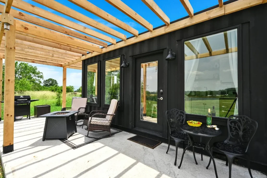 Shipping container cabin patio and outdoor living space