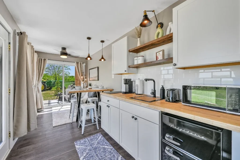 Meadow View container cabin kitchen with quartz countertops