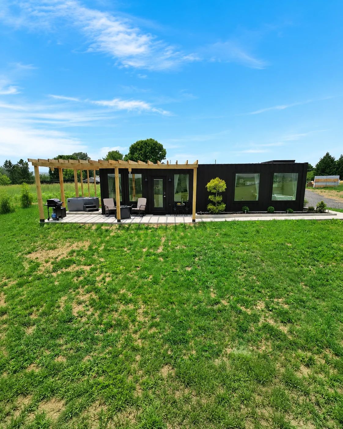 Meadow View custom shipping container cabin front exterior